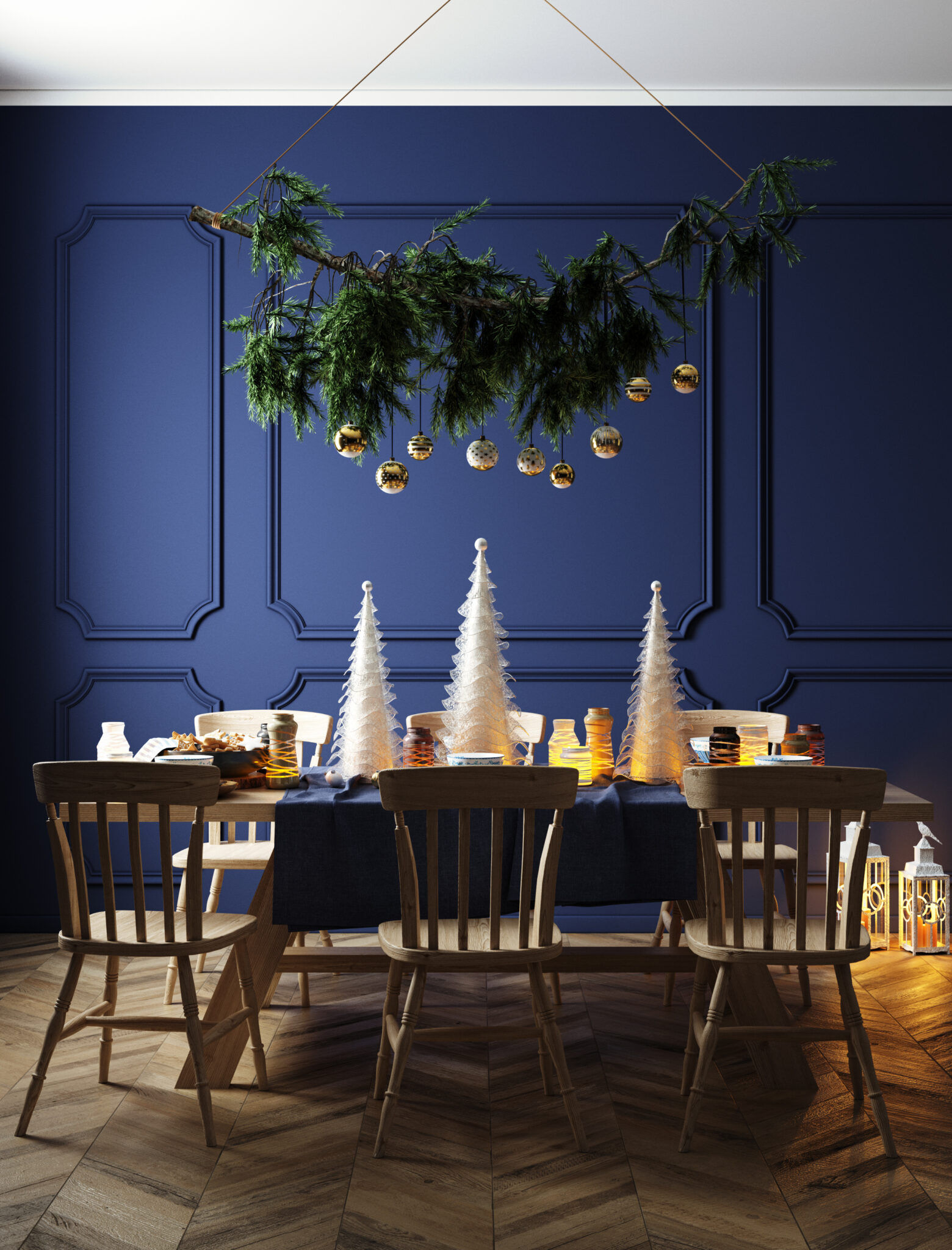 Dining room with navy panelled walls and wood floor, featuring a Christmas dining table and overhead garland feature